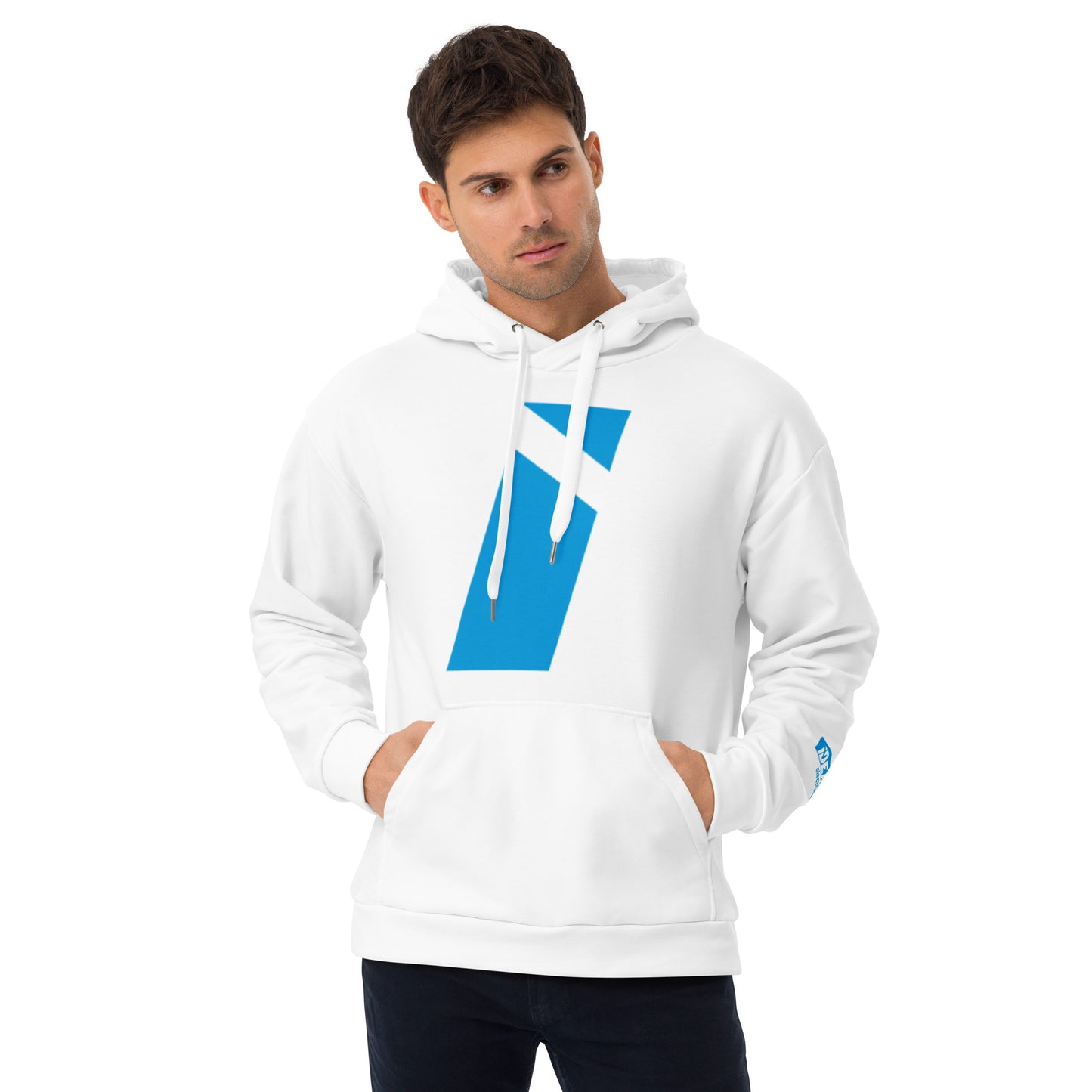 Sweat à capuche blanc doux électrique IDEAL avec marque bleue (unisexe)